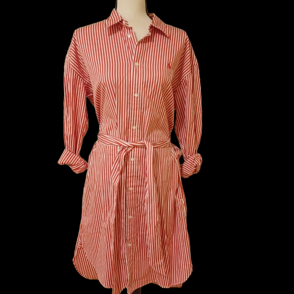 Polo Ralph Lauren 16 Red White Striped Cotton Shirt Dress